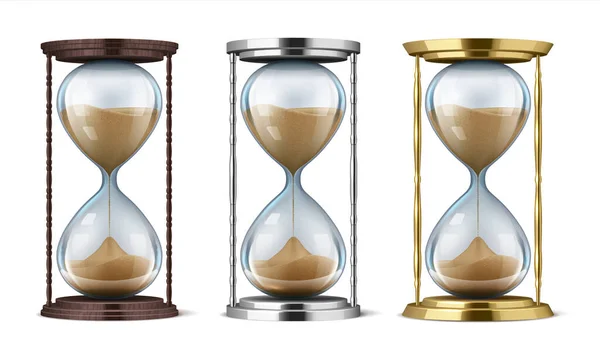 Песочные часы. Деревянные, золотые и металлические реалистичные песчаные часы, изолированные на заднем плане, концепция управления временем и элемент интерьера — стоковый вектор