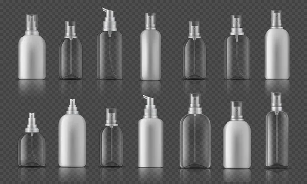 スプレーボトル。手の衛生のためのサニタイザーゲル、コロナウイルス防止コンセプト、ポンプ付き化粧品ボトル。ベクトルプラスチックスプレー容器 — ストックベクタ