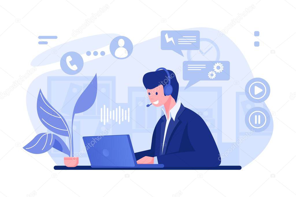 Call center operator. Cartoon character with headset at the desk working in office, customer support and info center concept. Vector call center