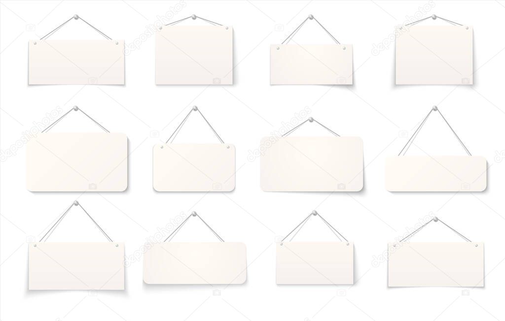 Hanging sign. Realistic blank paper signboards isolated on white background, 3D empty hanging cardboard signs on the wall. Vector set