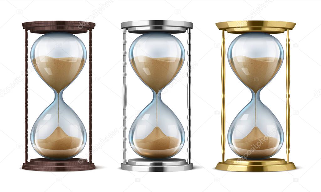 Hourglass. Wooden, golden and metal realistic sand clock isolated on background, time management concept and interior decorative vector element