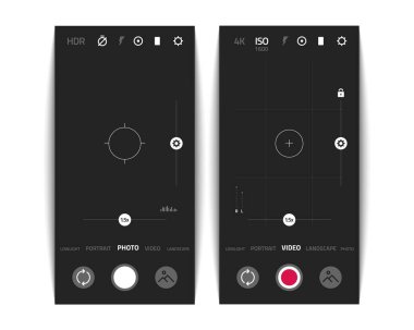 Kamera UI. Cep telefonu uygulaması, fotoğraf ve video izleme cihazı, UI elemanları ve düğmeleri. Simge setli vektör telefon ekranı, el çizimi ve flaş