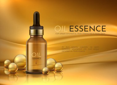 Kozmetik yağı. Güzellik kozmetik ürünleri ve altın yağ damlalarıyla gerçekçi reklam pankartları. Sarı sıvılı vektör lüks ürün