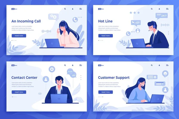 Kundsupport landningssida. Tecknad call center operatörer och informationstjänst med online-konsulter. Vektor klient stöd webbset — Stock vektor