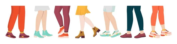 Zapatos en las piernas. Deporte de dibujos animados y ropa de moda a pie, piernas femeninas y masculinas con zapatillas y calcetines. Vector dibujado a mano conjunto — Vector de stock