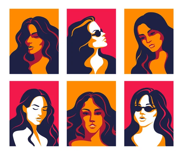 Retrato de mulheres. posters na moda plana de rostos multiculturais diversos, elementos de arte pop minimalista. Conjunto vetorial de diferentes faces femininas — Vetor de Stock