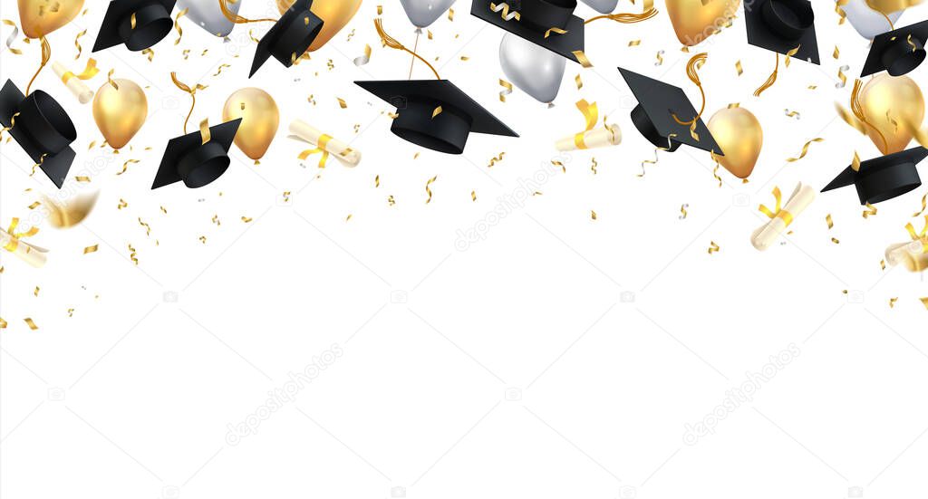 Graduation. Transparent background with realistic flying black degree caps confetti balloons and diplomas. Vector school and university education banner