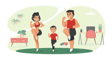 Aile egzersizi. Çizgi film karakterleri evde spor egzersizleri yapıyor, çocuk konseptiyle kapalı aktiviteler yapıyor. Vektör anne ve baba çizim yapıyor.