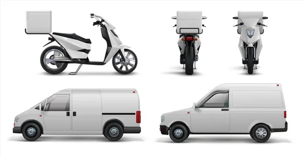 Trasporto di consegna. Realistico scooter, auto e furgone per la consegna di cibo e pacchetti a casa e uffici. Set di servizi di consegna vettoriale — Vettoriale Stock