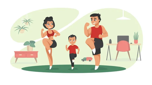 Familie training. Cartoon personages doen sport oefeningen thuis, indoor activiteiten met kinderen concept. Vector moeder en vader uitoefening illustratie — Stockvector