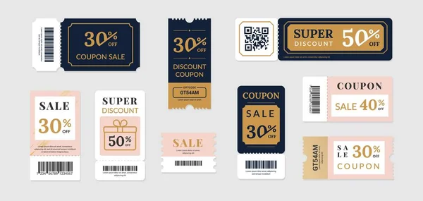 Verkaufsgutscheine. Coupon-Mockup-Design für Verkauf und Geschenk-Event-Posts in den sozialen Medien, Rabattkartensammlung. Vector Promo Code Angebot isoliert Set — Stockvektor