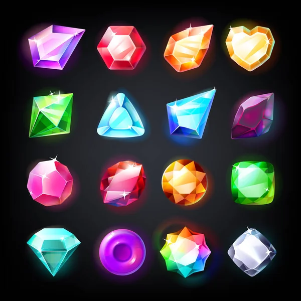 Gemas. Piedras de la joyería de dibujos animados para el logro del juego y la moneda, icono conjunto de cristales brillantes de colores. Colección de joyas de juego vectorial — Vector de stock