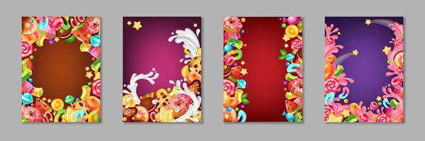 Carteles de dulces de dibujos animados. Plantillas de fondo con dulces y postres para niños, pasteles de chocolate y caramelo, piruletas y galletas. Conjunto de banner vectorial — Vector de stock