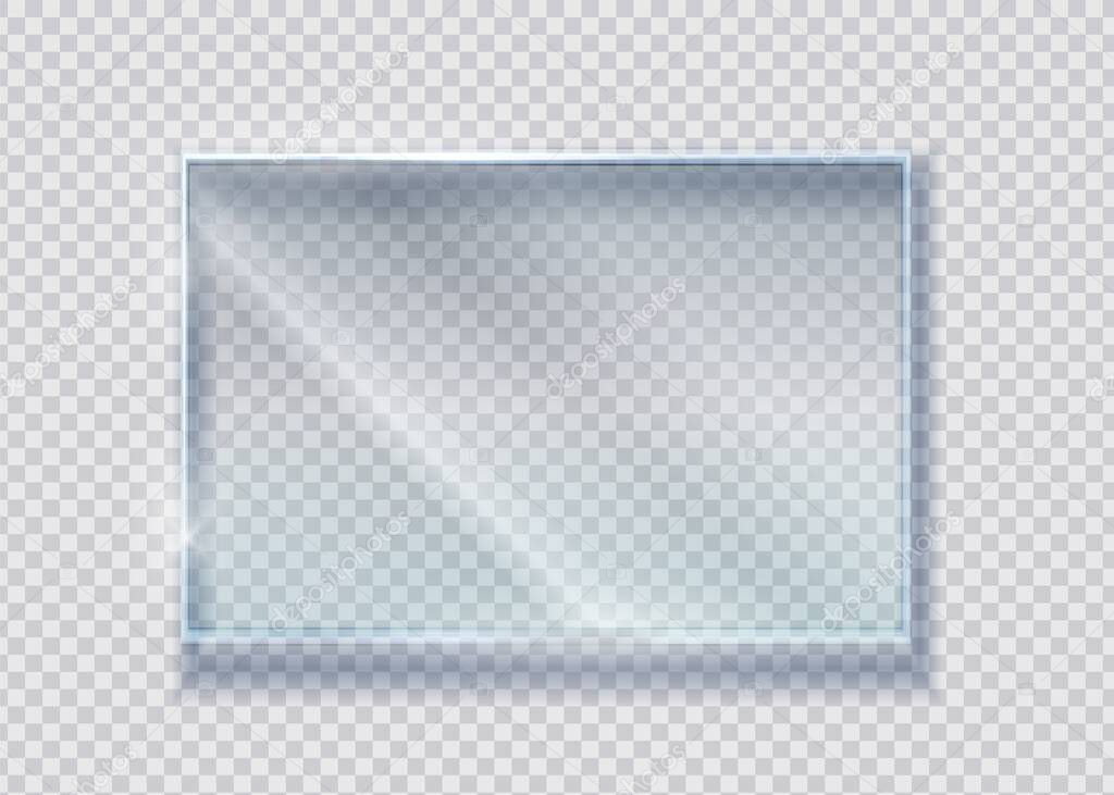 Glass crystal banner. Vector realistic clear rectangle clear window. Transparence isolated materials