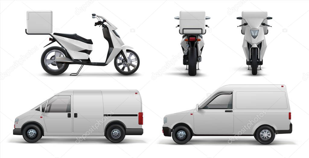 Delivery transport. Realistic scooter, car and van for delivering food and packages to home and offices. Vector delivery service set