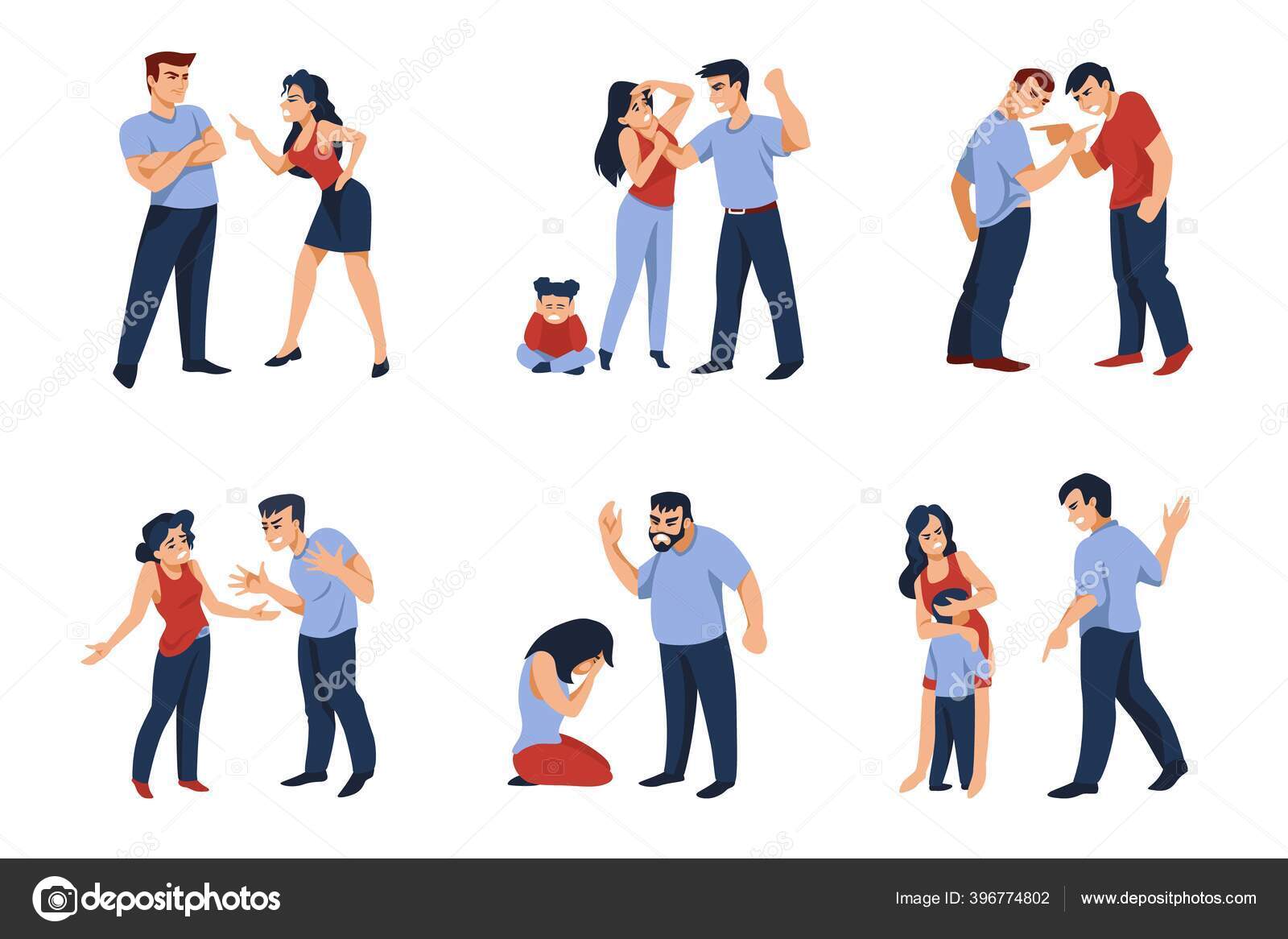 부부간의 불화. 만화는 싸우고, 싸우고, 소리지르는 동안 남자와 여자 캐릭터를 화나게 합니다. 벡터의 복잡 한 대화 장면들 스톡 벡터  - ©SpicyTruffel 396774802, image size:1600x1166