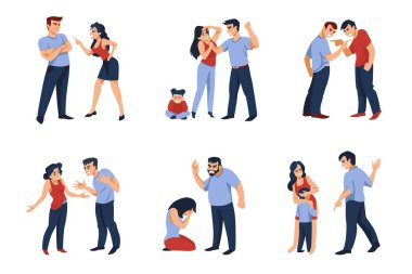 Çiftler arasında anlaşmazlık. Karikatür kızgın erkek ve kadın karakterler çatışma, kavga ve bağırma sırasında. Sert konuşma sahnelerinin vektör kümesi