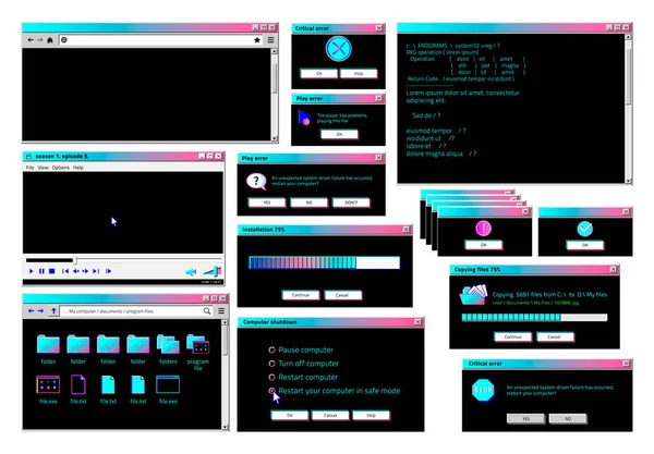Interfaţă retro. Interfață software clasică veche cu temă și culori cyberpunk, ferestre pop-up retro futuriste, browser de internet și manager de fișiere. Set vectorial — Vector de stoc