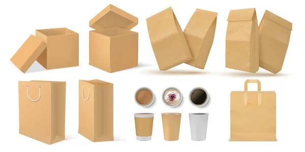 Paquete realista de comida rápida. Aperitivos de papel 3D y envases de bebidas simulan conjunto para el diseño de marca. Conjunto de recipientes de alimentos y café vectoriales — Archivo Imágenes Vectoriales