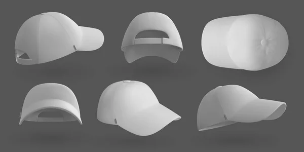 Realistisk mössa. Vit 3d baseball hatt mockup mall, tomma kläder design för varumärke identitet. Vektor merchandise set isolerad på grå — Stock vektor
