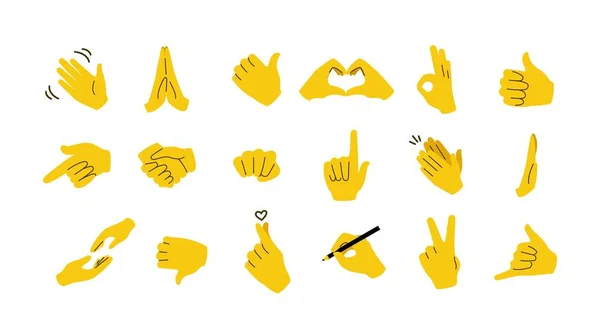 Hand emoticons. Gele armen en vuisten met gebaren van open palm, prooi, al dan niet leuk, overwinning en spier. Vector zwaaien en opgeheven handen ingesteld — Stockvector