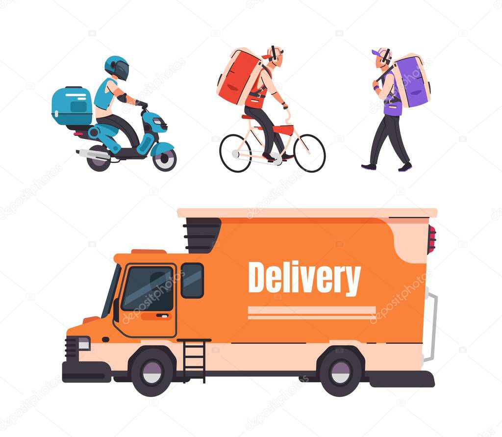 Delivery service. Cartoon walking courier, on bicycle, scooter and car, online food and goods delivery service to home and office. Vector set