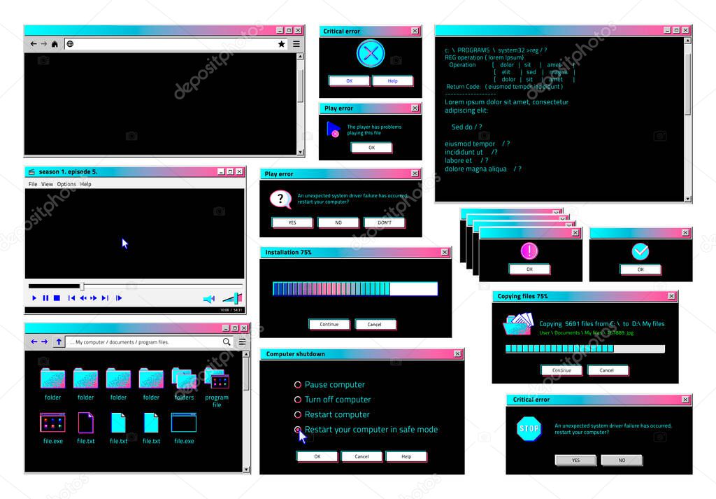 Retro interface. Classic old software UI with cyberpunk theme and colors, retro futuristic popup windows, internet browser and file manager. Vector set