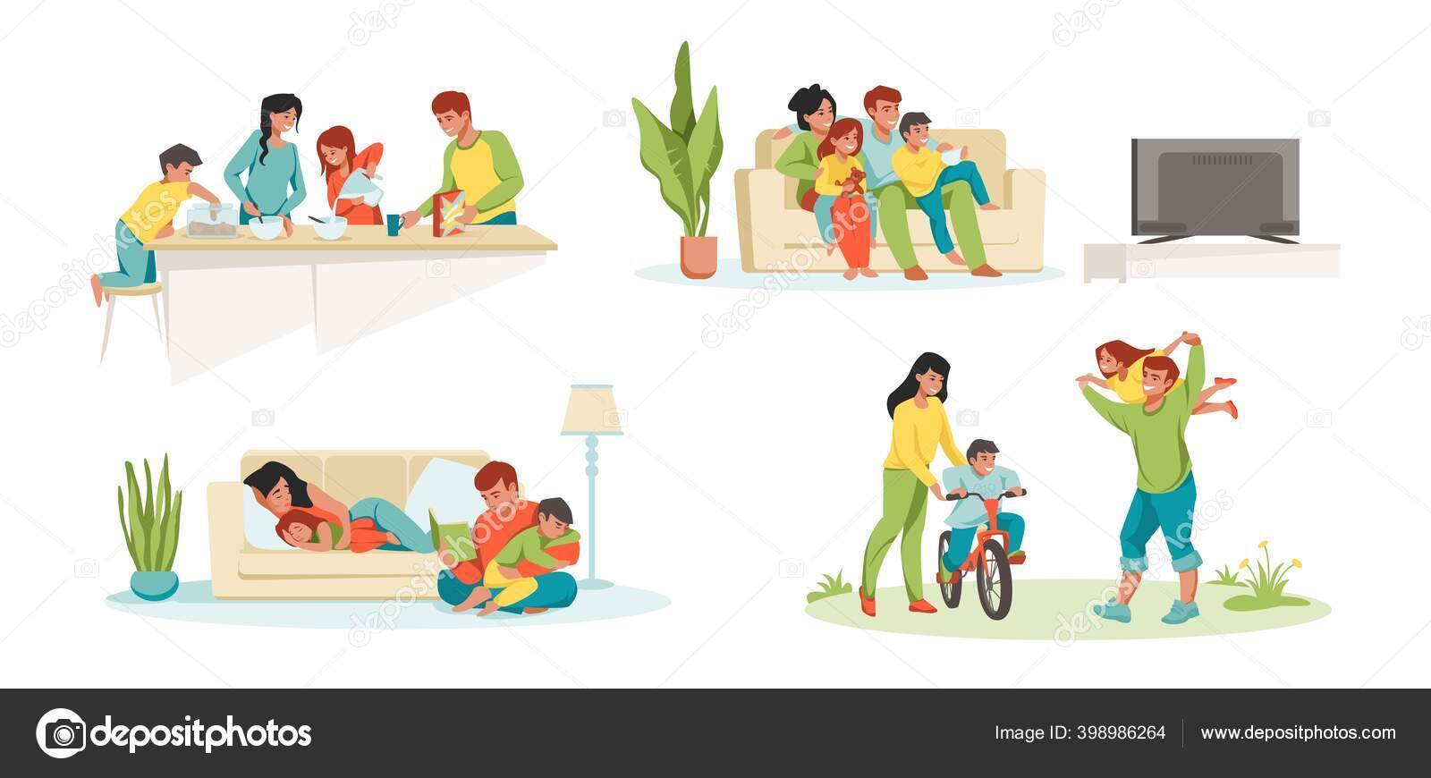 Family at home. Parents and children in house eating playing watching TV,  father mother and kids together. Vector happy cartoon family characters  Stock Vector Image by ©SpicyTruffel #398986264