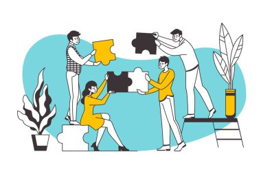 Bulmaca konsepti. Takım çalışması ve iş ortaklığı metaforu. Karikatür işçileri bulmaca elementleri tutuyor. Vektör oluşturma işbirliği
