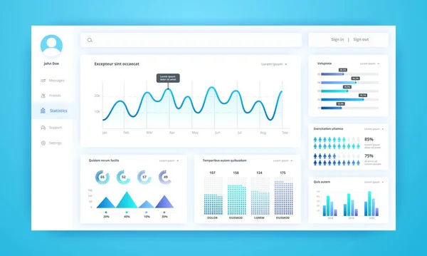 Painel infográfico. UI kit com diagramas, gráficos de torta, barras de progresso de linha e gráficos de histograma para apresentação de negócios. Painel de administração do vetor —  Vetores de Stock