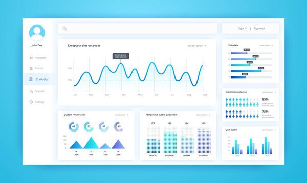 Infographic dashboard. UI kit with diagrams, pie charts, line progress bars and histogram graphs for business presentation. Vector admin panel