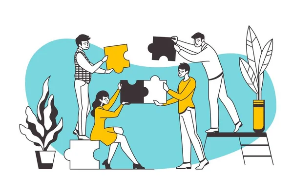 Puzzle-Konzept. Teamwork und Geschäftspartnermetapher mit Cartoon-Arbeitern, die Puzzleteile in der Hand halten. Zusammenarbeit beim Vektoraufbau — Stockvektor