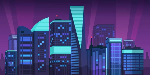 Cartoon Nacht Stadt. Skyline-Landschaft mit Megapolis-Gebäuden und Neonlichtern, futuristische violette Wolkenkratzer. Vektor urbaner Hintergrund — Stockvektor