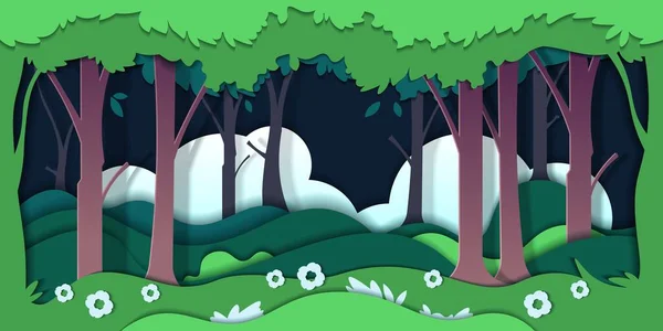 紙切り木。自然環境と段ボールの風景と生態系の概念。ベクトルグリーン折り紙の背景 — ストックベクタ