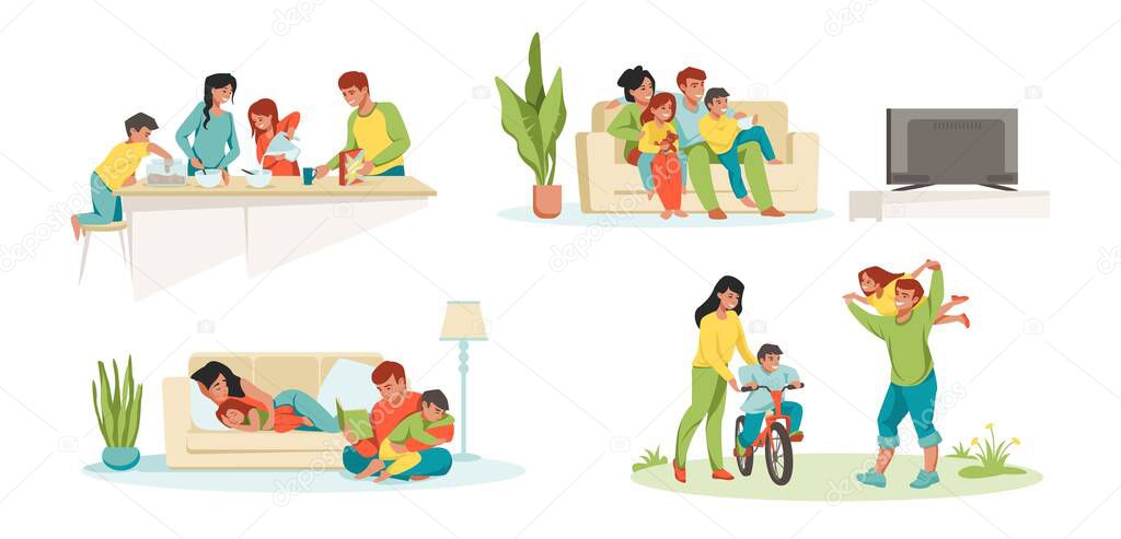 Family at home. Parents and children in house eating playing watching TV, father mother and kids together. Vector happy cartoon family characters