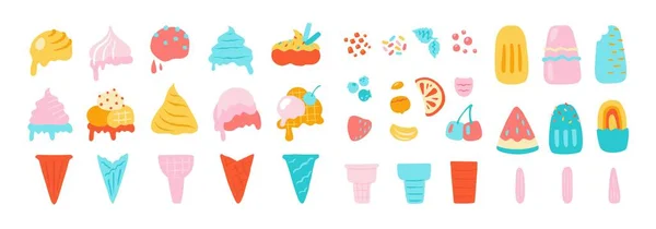 Elementos de helado. Contras de gofres con helado, vainilla de chocolate y otras bolas de helado, fresas de nueces y sabores de menta. Set aislado vectorial — Archivo Imágenes Vectoriales