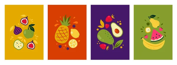 Cartazes de fruta. Coleção de folhetos de verão brilhantes com frutas cítricas e outras frutas orgânicas tropicais. Conjunto vetorial de brochuras e folhetos com comida vegan —  Vetores de Stock