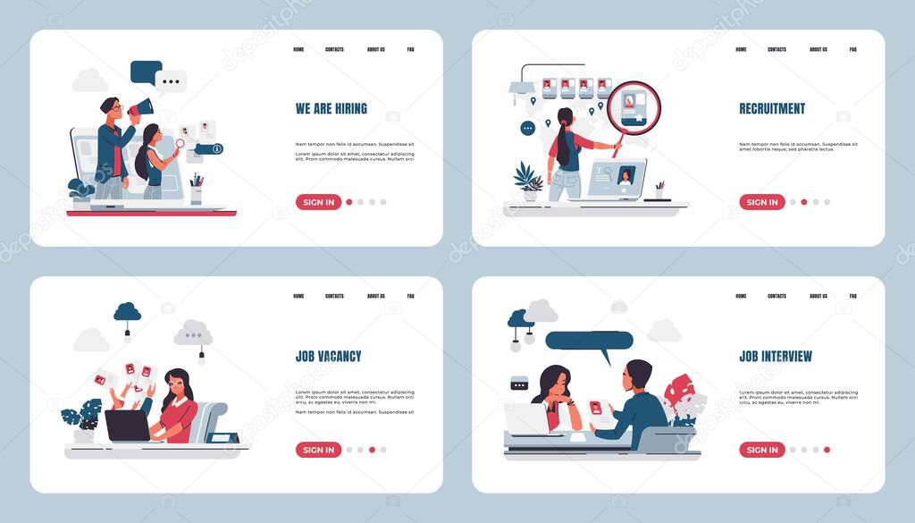 Recruitment landing page. Stuff searching and hiring concept with cartoon characters, human resources and job interview. Vector web page set