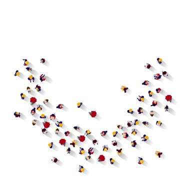 Kalabalık manzarası. İnsanlar yarım daire şeklinde duruyorlar ve bir yöne bakıyorlar, sosyal etkileşim iş konsepti. Büyük bir insan grubunda yukarıdan vektör görünümü