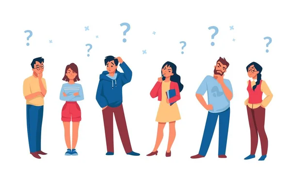 Asking people. Cartoon curious persons with question marks solve problem and thinking. Vector diverse thoughtful male and female characters — Stock Vector