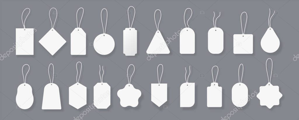 White tags. Price labels mockup with realistic shadows and threads, blank round and square tags for luggage and gift cards. Vector isolated set