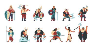 Viking karakterleri. Karikatür İskandinav mitolojisi savaşçı insanları, Norveç Viking kostümlü komik erkek ve kadın. Vektör seti