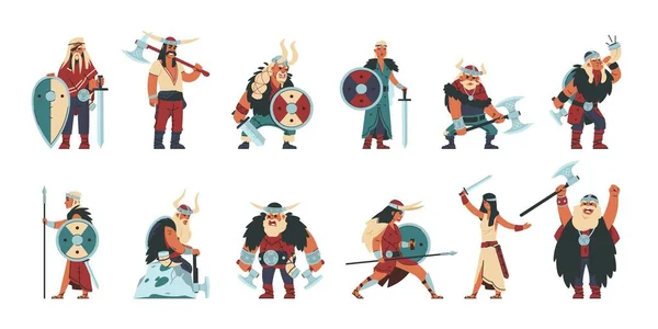 Personagens vikings. Desenhos animados mitologia escandinava guerreiro pessoas, engraçado macho e fêmea em norway viking trajes. Conjunto de vetores — Vetor de Stock