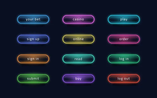 Botones de luz. Brillantes elementos de interfaz de usuario de neón para casino en línea y aplicación web oscura. Vector brillante juego, leer y comprar símbolo de diseño de interacción — Vector de stock