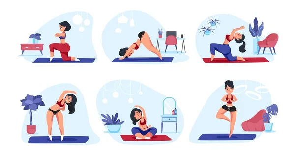 Домашняя йога. Мультфильм девушка делает физические упражнения медитации и спортивные мероприятия, концепция здорового образа жизни. Векторный трехмерный плоский набор — стоковый вектор
