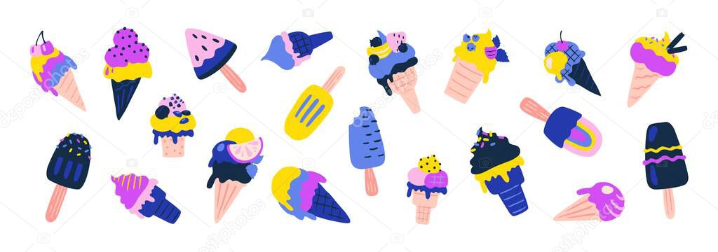 Ice cream. Sundae vanilla and chocolate popsicles with different waffle cons and fruit berry and nuts toppings. Vector summer dessert set