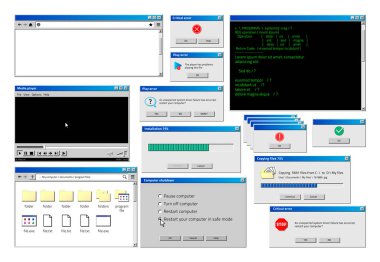 Bilgisayar penceresi. Açılan hata ve uyarı pencereleriyle Retro tarayıcı arayüzü, klasik eski yazılım UI. Vektör web sitesi ve yükleme pencereleri