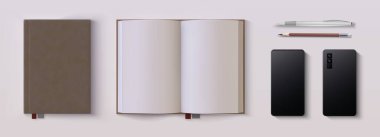 Planlamacı modeli. Kalem, kalem ve telefon ile gerçekçi açık ve kapalı günlük, marka kimliği ve reklam için iş seti. Vektör gölge etkisi