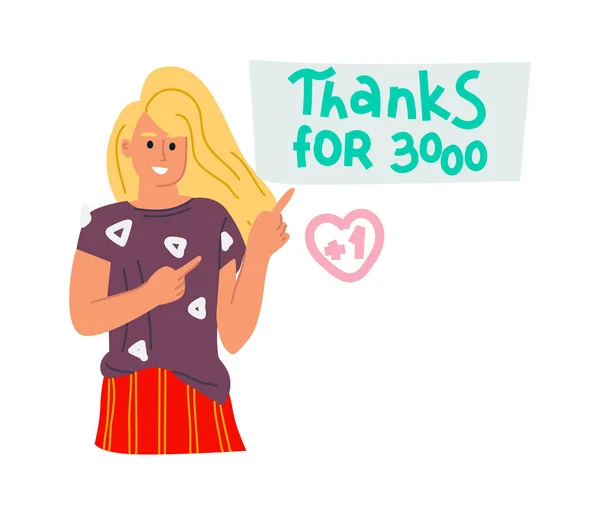 Bedankt voor 3000. Blogger krabbelt vrolijk karakter. Vector onderschrijft concept — Stockvector