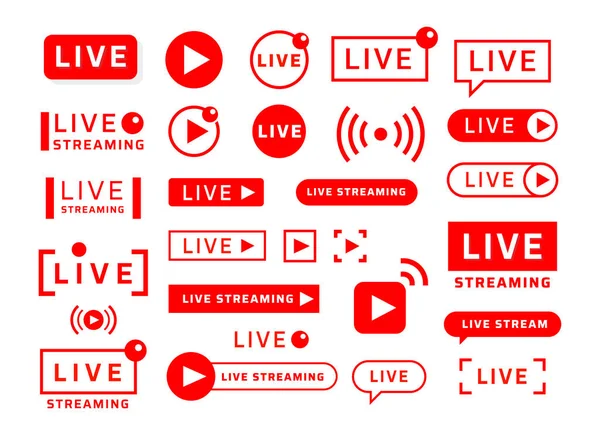 Livestream-Symbole. Videoübertragungen und Übersetzungssymbole und Banner für die Benutzeroberfläche des sozialen Netzwerks und den Online-Videoplayer. Vektor-News und Streaming-Buttons — Stockvektor